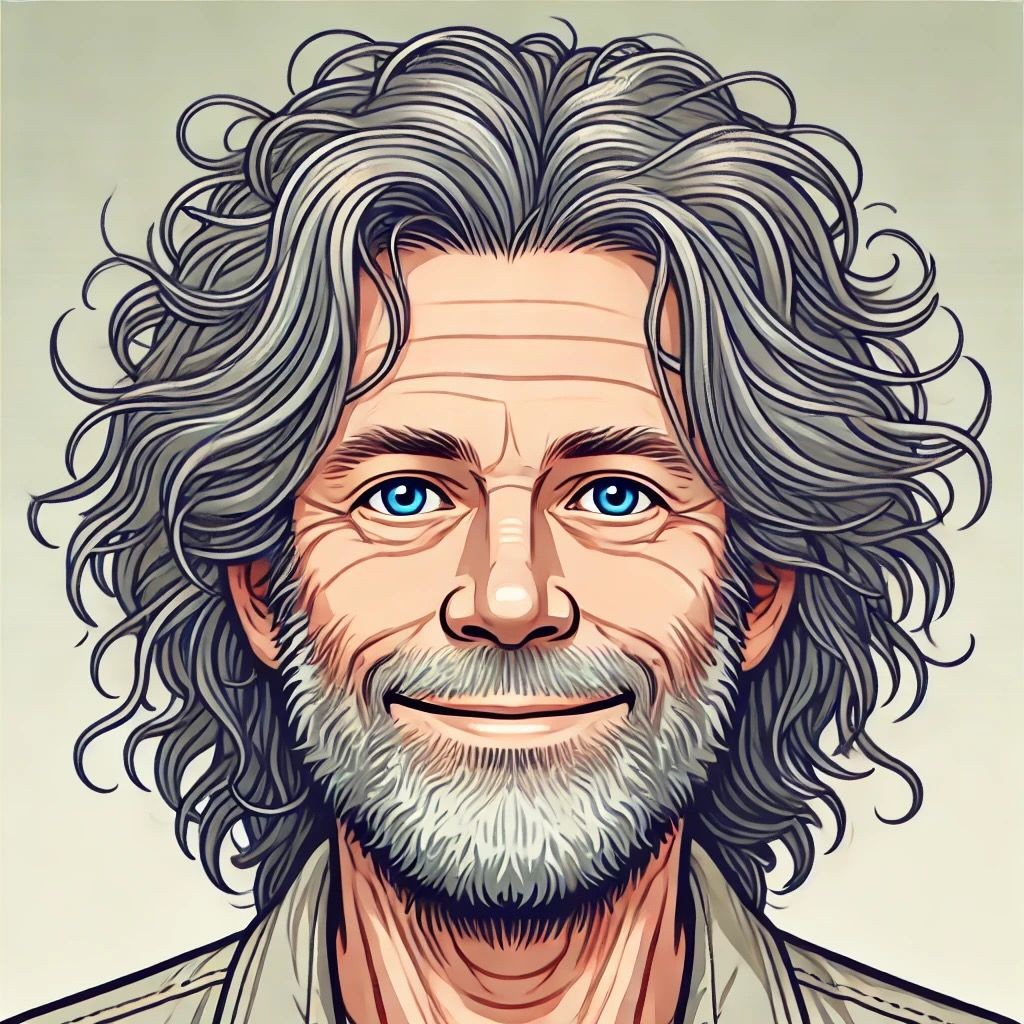 Illustration of a man with curly gray hair and a beard, smiling with blue eyes.